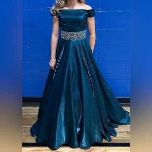 Off-Shoulder Teal Ball Gown with Embellished Waist. Lace-up back. Size 2.